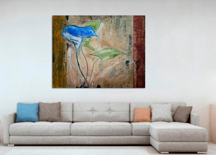Tableau abstrait fleur bleu