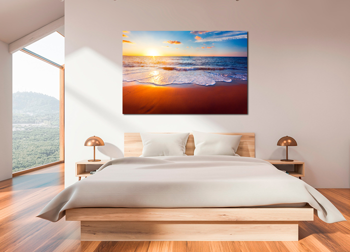 Tableau Sur Toile "Coucher De Soleil Sur La Mer Avec Palmiers" - Dimensions 100x57 Cm - Décoration Murale Style Caraïbes, Barbade