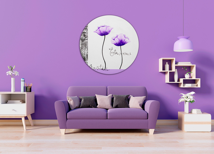 Tableau fleurs en violet ronde