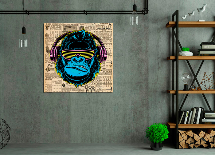 Tableau gorille avec casque d'écoute