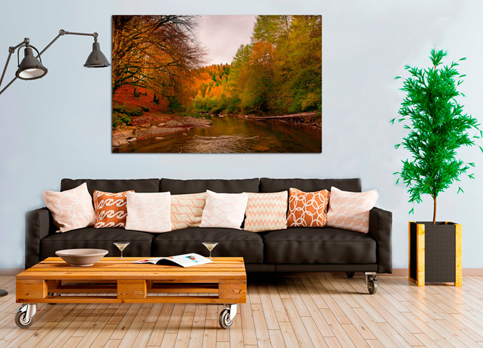 Tableau paysage luxuriant avec rivi&egrave;re