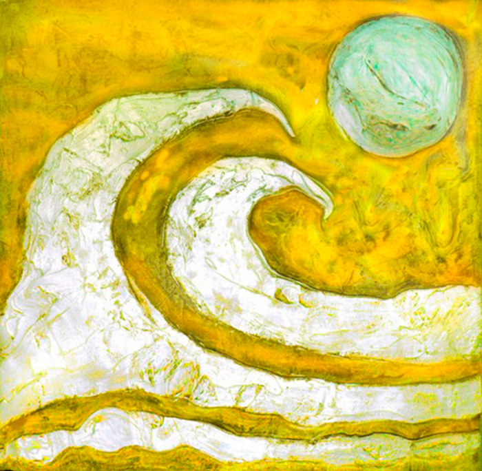 Tableau abstrait vague et lune jaune