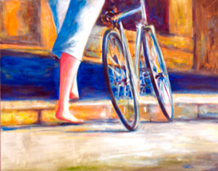 Tableau fille pieds nus avec son vélo