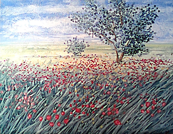 Tableau paysage fleurs rouges